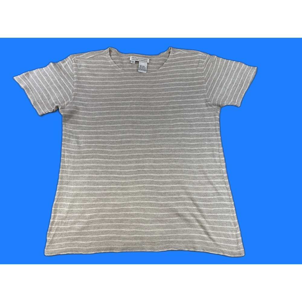 REAL CLOTHES Striped Tee S Beige LINEN COTTON Crewneck‎ Short Sleeve Unisex